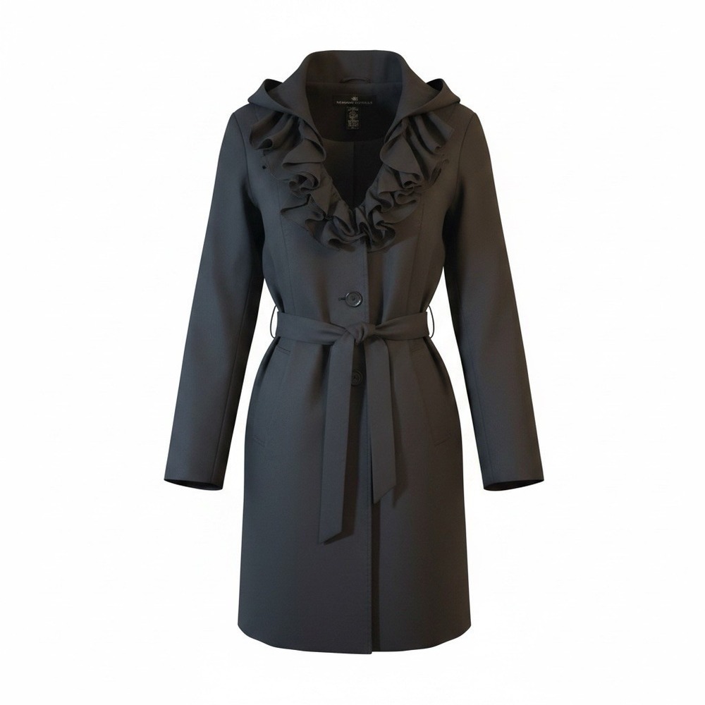 Madison Michelle Women's Black Trench Coat Tiered Ruffled Collar Lined Size 14